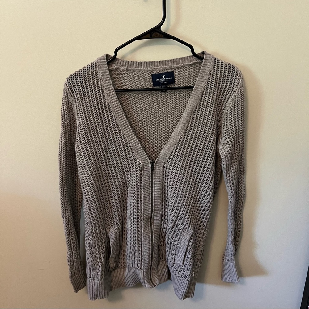 Gray brown zip up knit sweater cardigan
